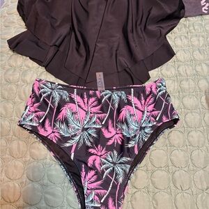 SHEIN Black Bikini with Pink and Green Palm Design on bottoms